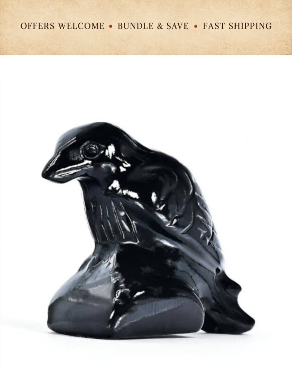 Handcrafted Obsidian Raven Crow Sculpture Figurine for Desk Altar Spiritual